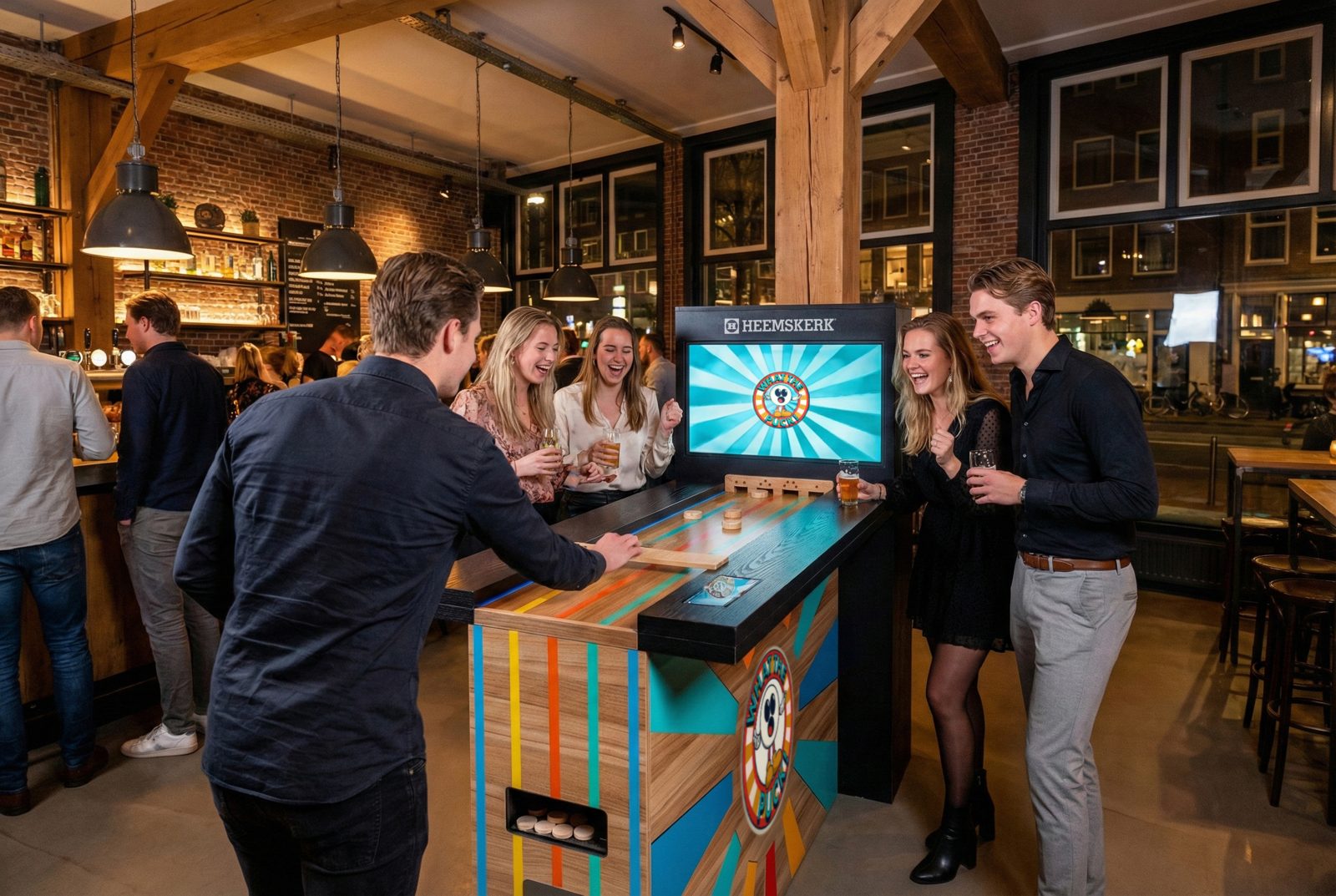 Vrienden spelen op een digitale sjoelbak met scherm in een café