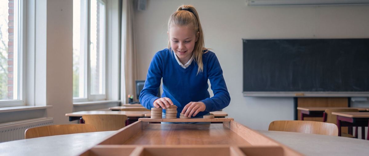 Een leerling schuift een schijf over een sjoelbak in een klaslokaal